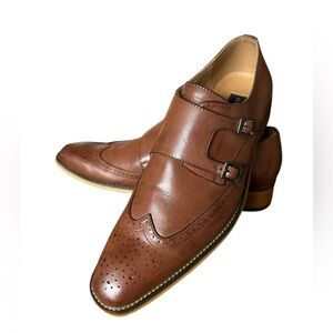 Gino Vitali Men's Brown Leather Sophisticated Monk Strap Wingtip Dress Shoes